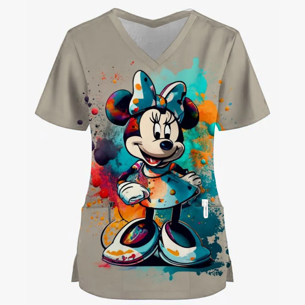 Summer Nurse Uniform Disney Mickey Mouse Print Pattern Dentist Beauty Salon Pet Shop Work Clothing V Neck Pocket T-Shirt Tops