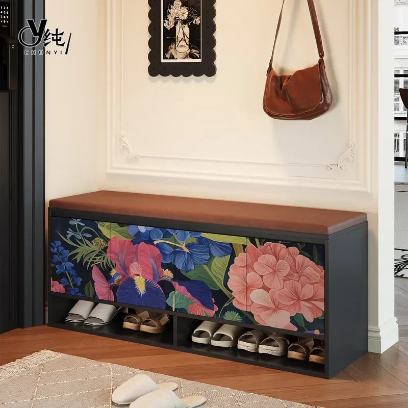 Solid Wood Entryway Shoe Cabinet with Cushioned Seat Integrated Storage Bench for Hallway Living Room Home Organization