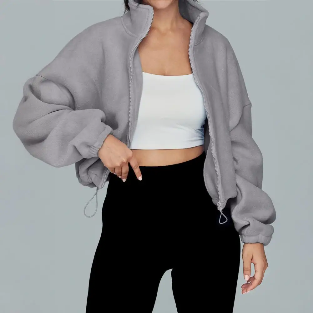 2025 Women's Full Zip Fleece Short Jacket Winter Long Sleeve Cropped Coat Drawstring Hem Stand Collar Warm Workout Top