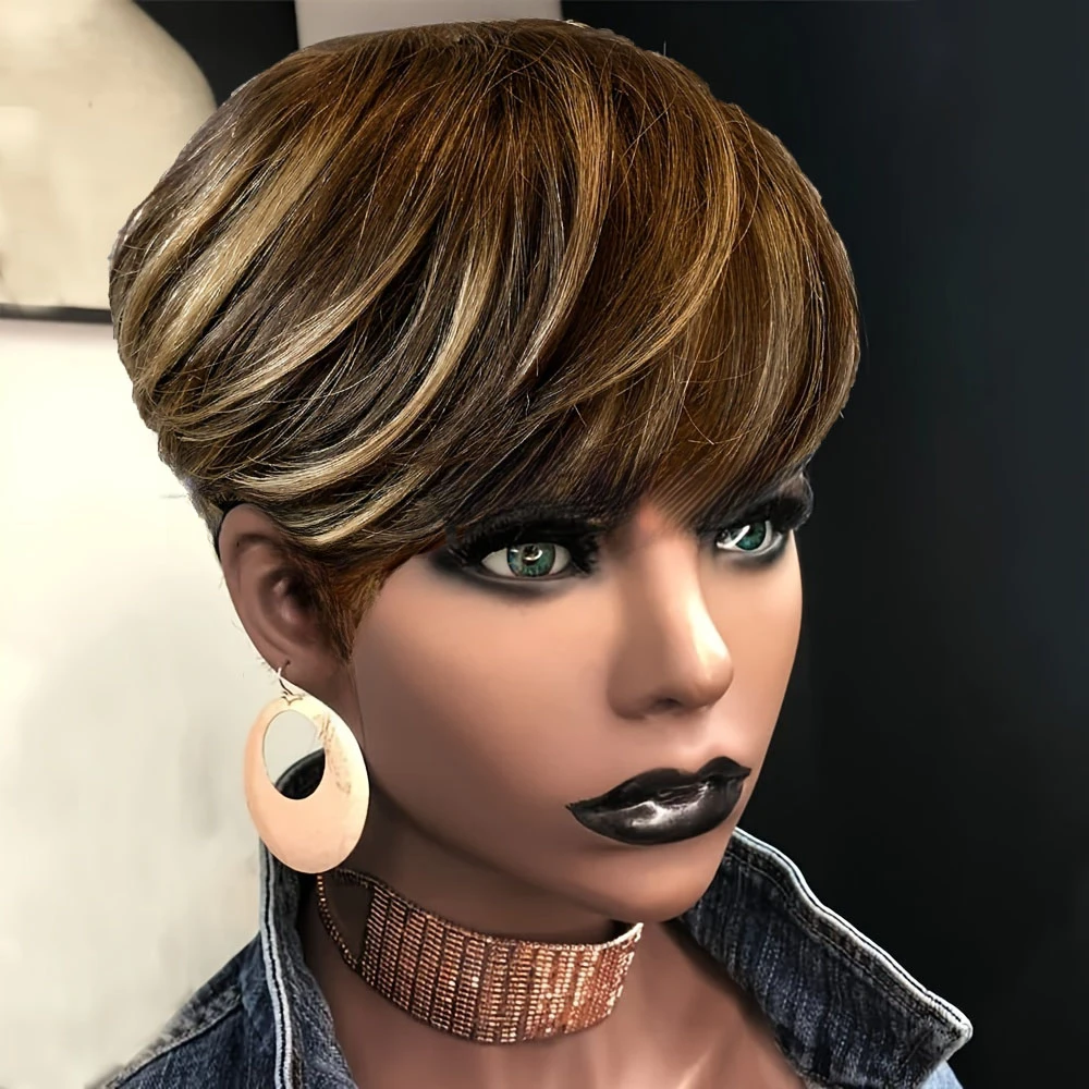 ピクシーカットストレート人毛ウィッグ レディース P4/27 カラー フルマシンメイド ショートレイヤードストレートウィッグ 前髪付き 6インチ
