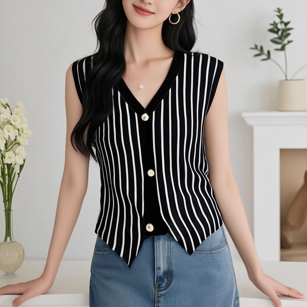 Women\'s Knitted V-Neck Sleeveless Vest Top with Button Front Striped Casual Stretch Fit for Spring Summer Fall