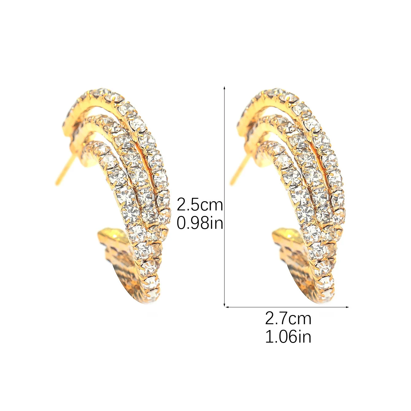 C-shaped Multilayer Earrings Geometric Metal Texture Strand Split Hoop Earrings with Gold Plating Finish and Steel Posts Women