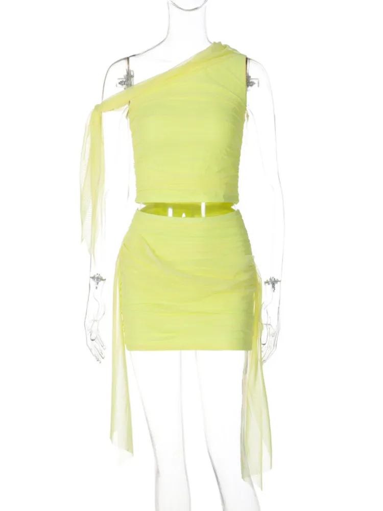 Mozision Yellow Sexy Skirt Two Piece Sets Women Skew Collar Tank Top And Draped Mini Skirt Femme Skinny Club Party Dress Sets