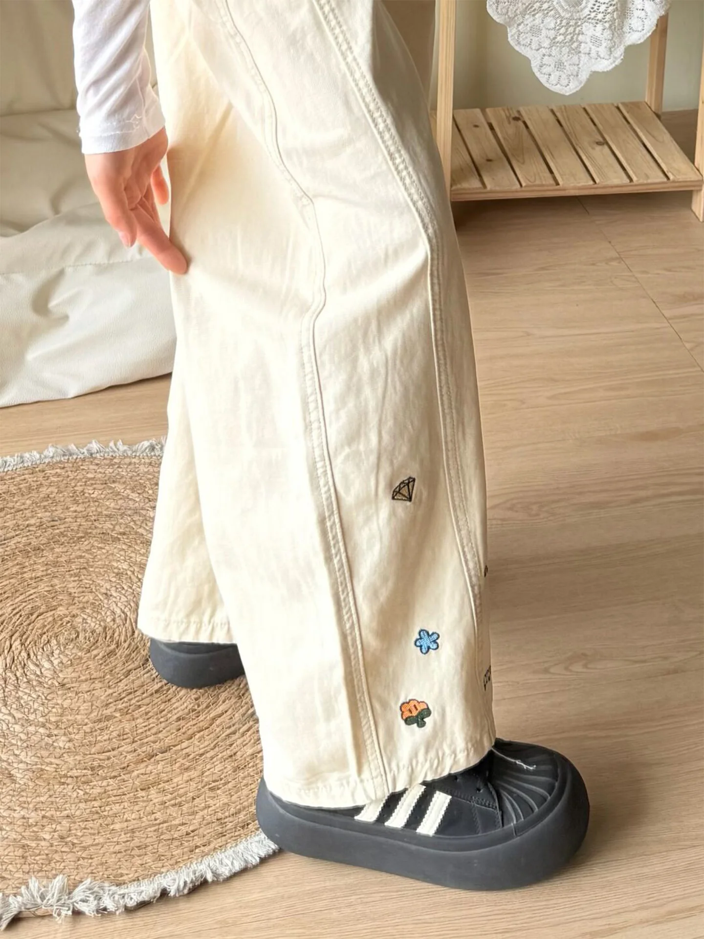 Rétro américain High Street brodé Design abricot femmes jambes larges jean taille haute minceur pantalons longs automne hiver nouveau...