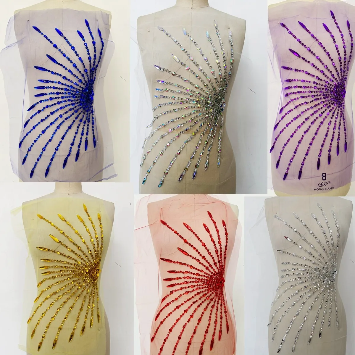 Ray-Design Beaded Sequins Rhinestone Tulle Applique Hand Stitched Embellishments for DIY Evening Dress Stage Costumes Fabric