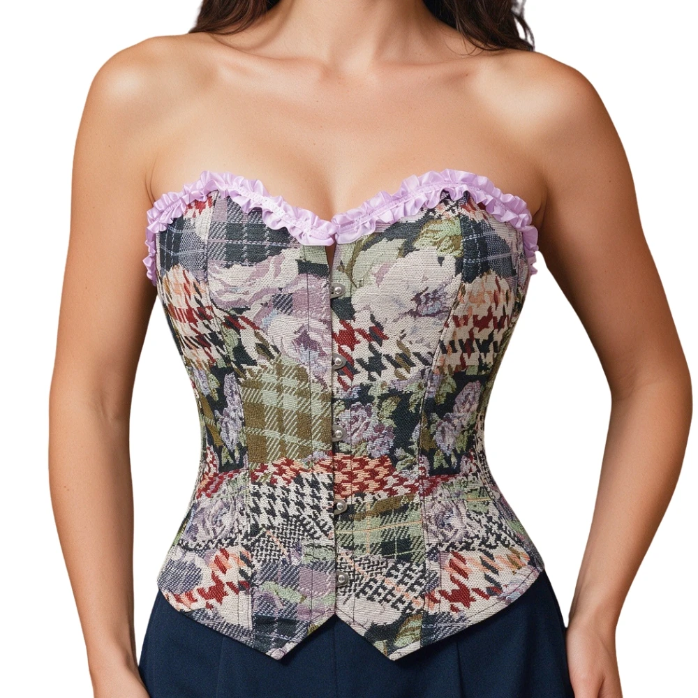 Purple Ruffle Trim Patchwork Jacquard Overbust Corset Strapless No Padding Back Lace Up Boned Waist Trainer Vintage Party Wear
