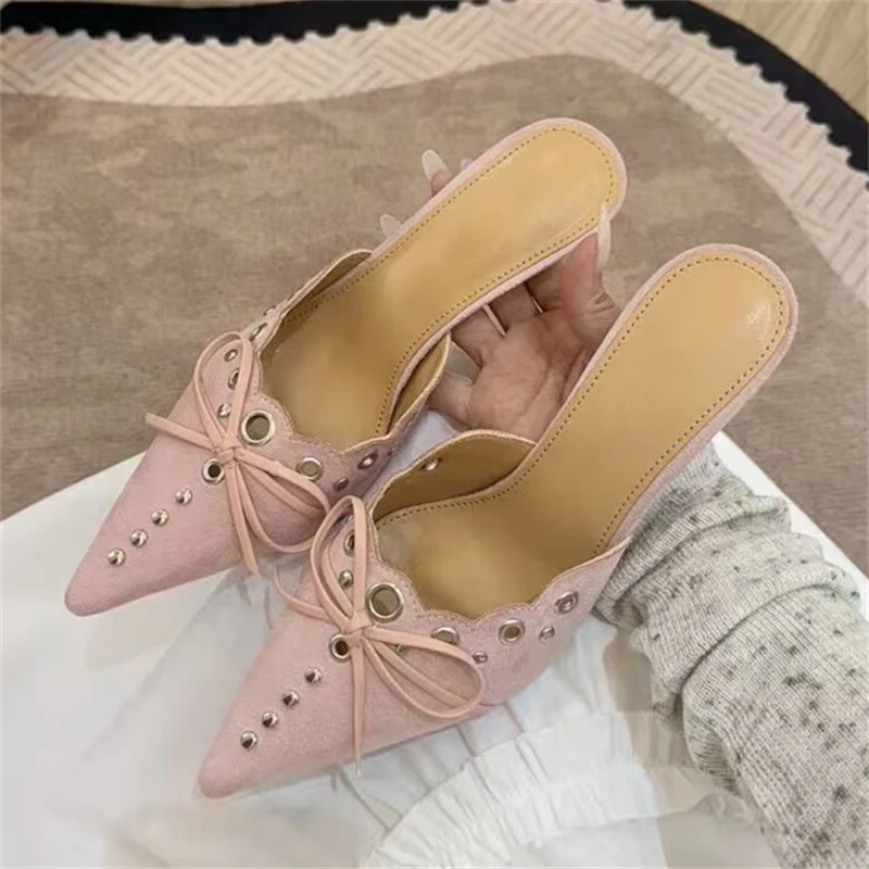 

Aneikeh Pink Elegant Designer Hollow Out Pointed Toe Woman Slippers Fashion Thin Low Heels Mules Shoes Zapatos De Mujer
