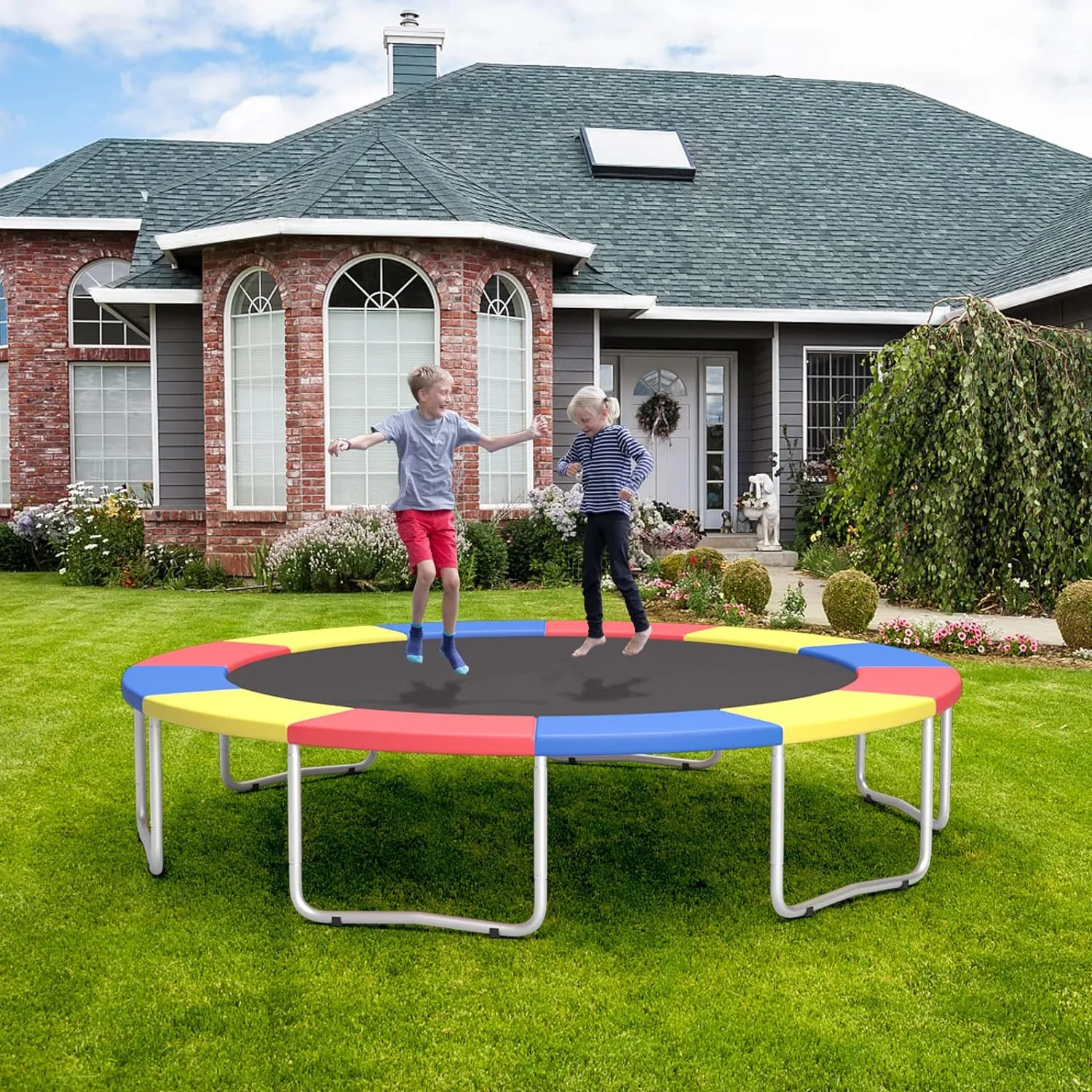 8/10FT Trampoline Replacement Pad Rainbow Round Trampoline Spring Cover Tear-Resistant Waterproof Safety Protection Pad