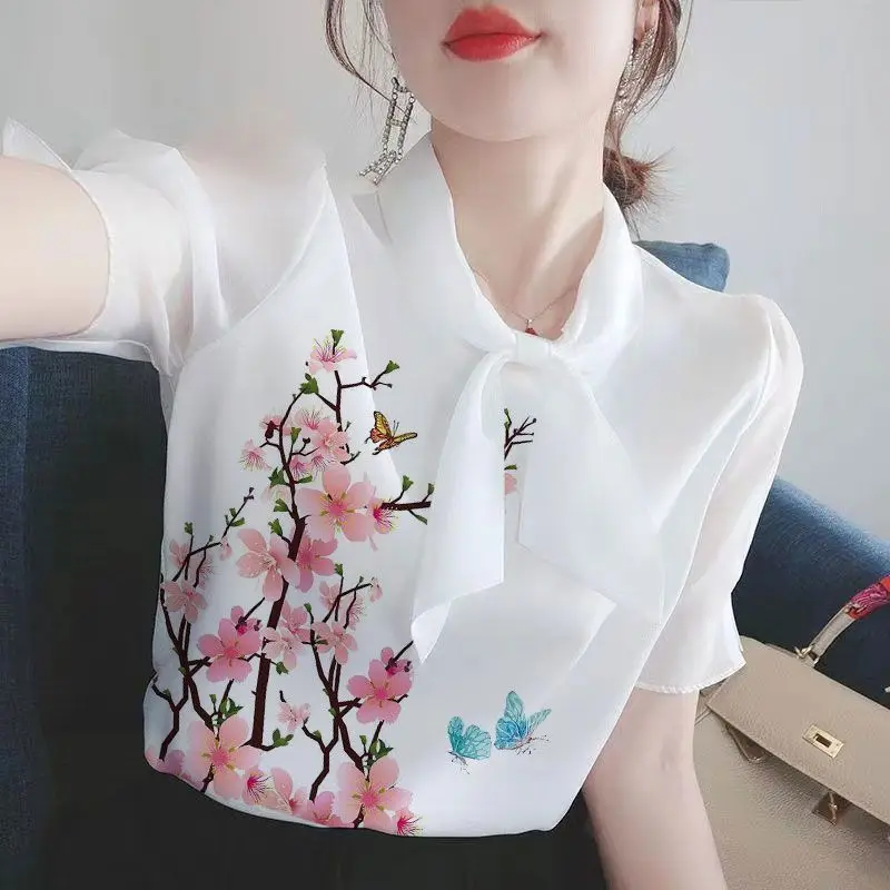 

Summer Scarf Collar Elegant Fashion Vintage Floral Printing Shirt Female Short Sleeve Casual All-match Blouse Women Pullover Top