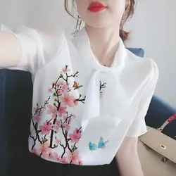 Summer Scarf Collar Elegant Fashion Vintage Floral Printing Shirt Female Short Sleeve Casual All-match Blouse Women Pullover Top