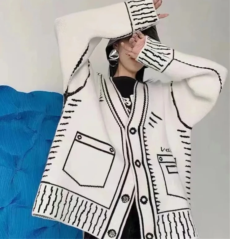 

Print Graffiti Cardigan Women Long Sleeve Top Sweater Autumn Winter Streetwear Knitted Female Cardigans Coat