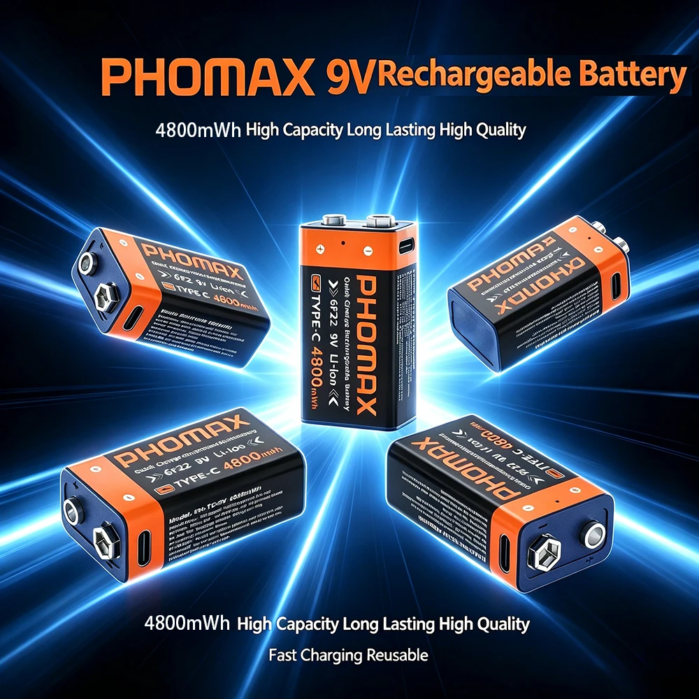PHOMAX  USB 9V Rechargeable Battery 1-32PCS 4800mWh Type-C Rechargeable 6F22 9V Li-ion Batteries For  Model Multimeter Toy