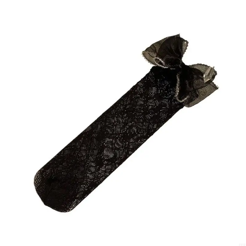 195E Kids Girls Korean Elegant Hollowed Lace Long Socks Pearl Beaded Trim Bowknot School Uniform Over Calf Sock