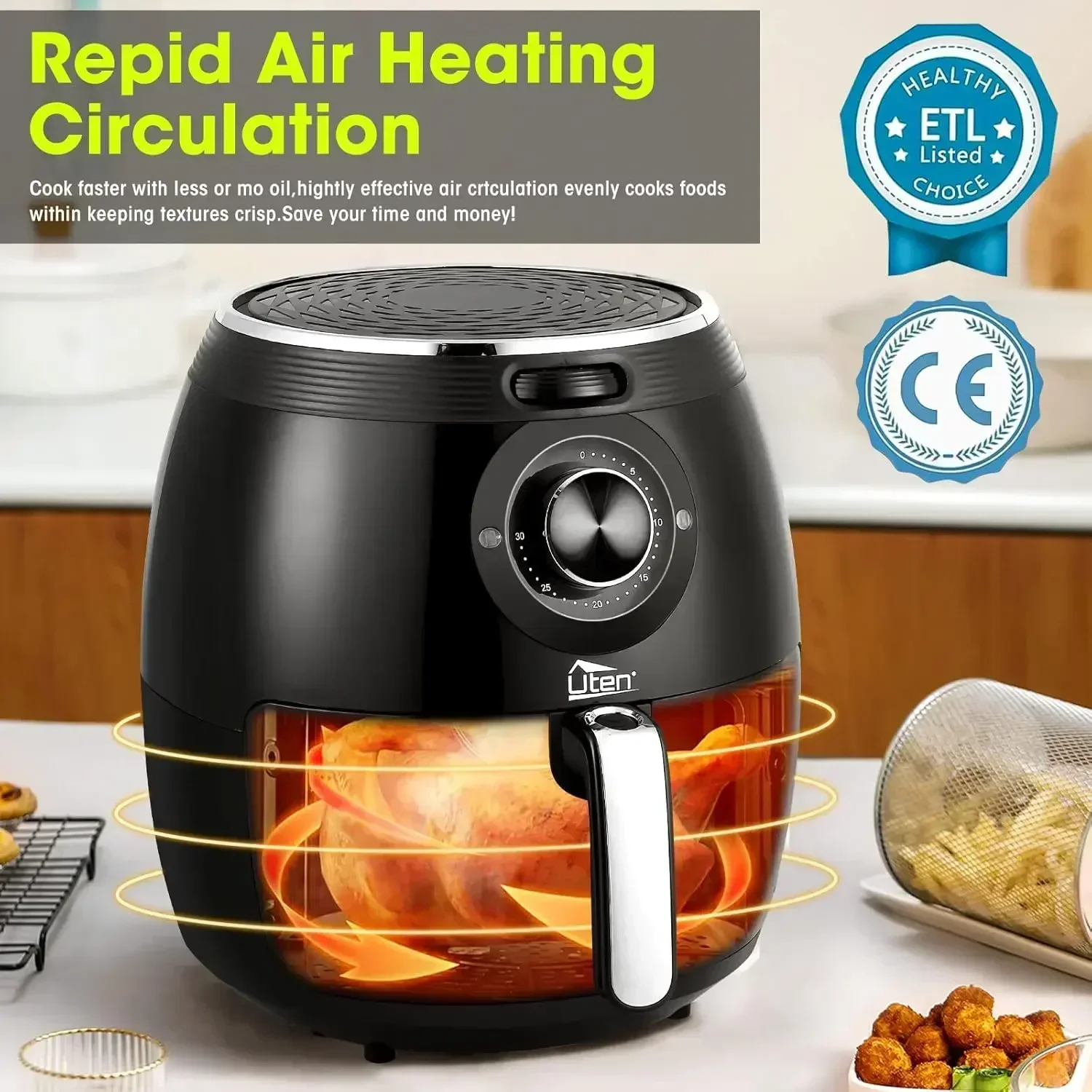 Air Fryer 5.8QT/5.5L, Uten 1700W AirFryer High-Power Electric Hot Temperature Control & Timer Knob, Non Stick Fry Basket, Dishwasher Safe, Apply to Party, Afternoon Tea, Black - view 3