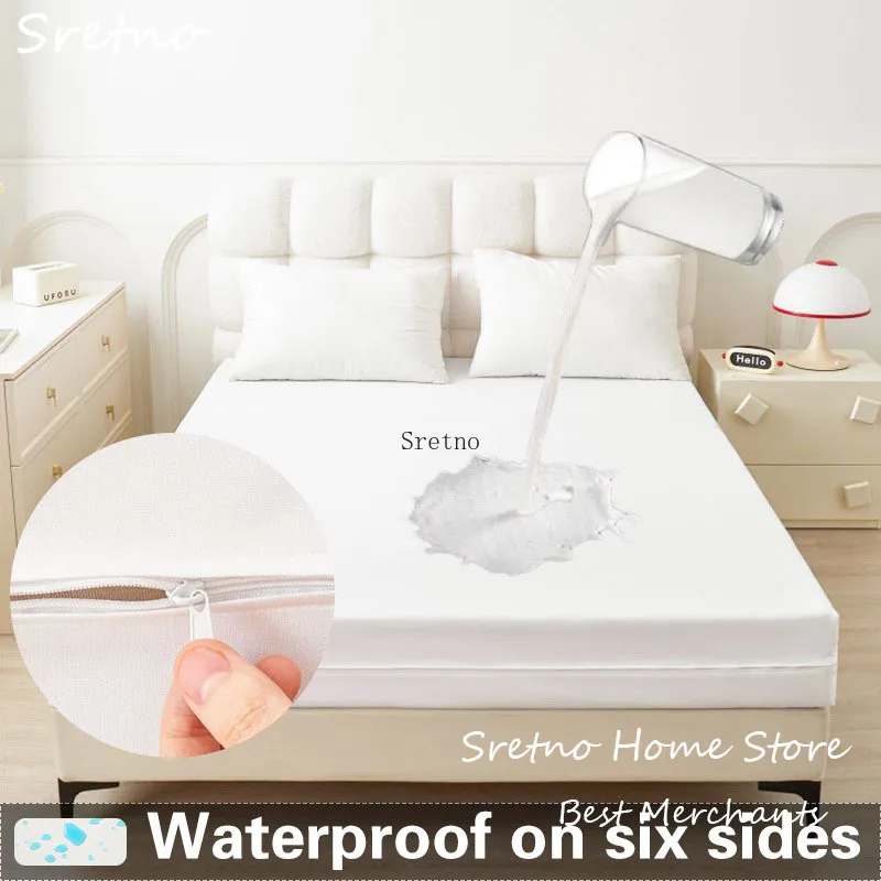 SRETNO TPU Waterproof Mattress Protector 6-sided Fully Wrapped Bed Sheet Cover Queen King Size Zipper Polyester Mattress Covers