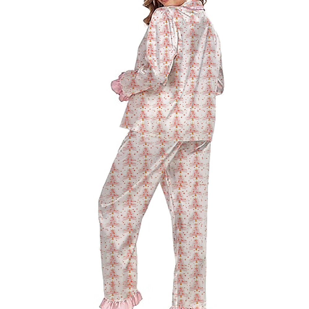 المرأة عيد الميلاد بيجامة من الساتان مجموعة Y2K سانتا الجرافيك الكشكشة زر أسفل كم طويل بلايز السراويل عيد الميلاد المتسكعون ملابس خاصة