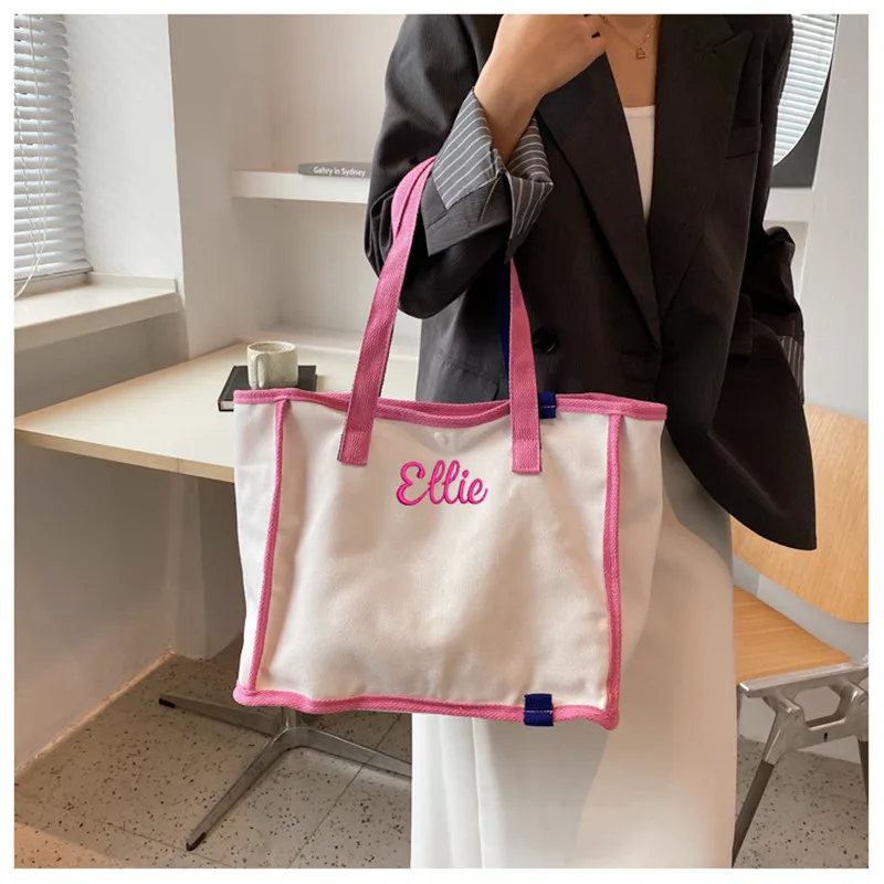 Personalized Pink Canvas Bag with Name Ladies Handbag Monogrammed Custom Embroidery Art Canvas Shopping Bag Shoulder Bag Gift