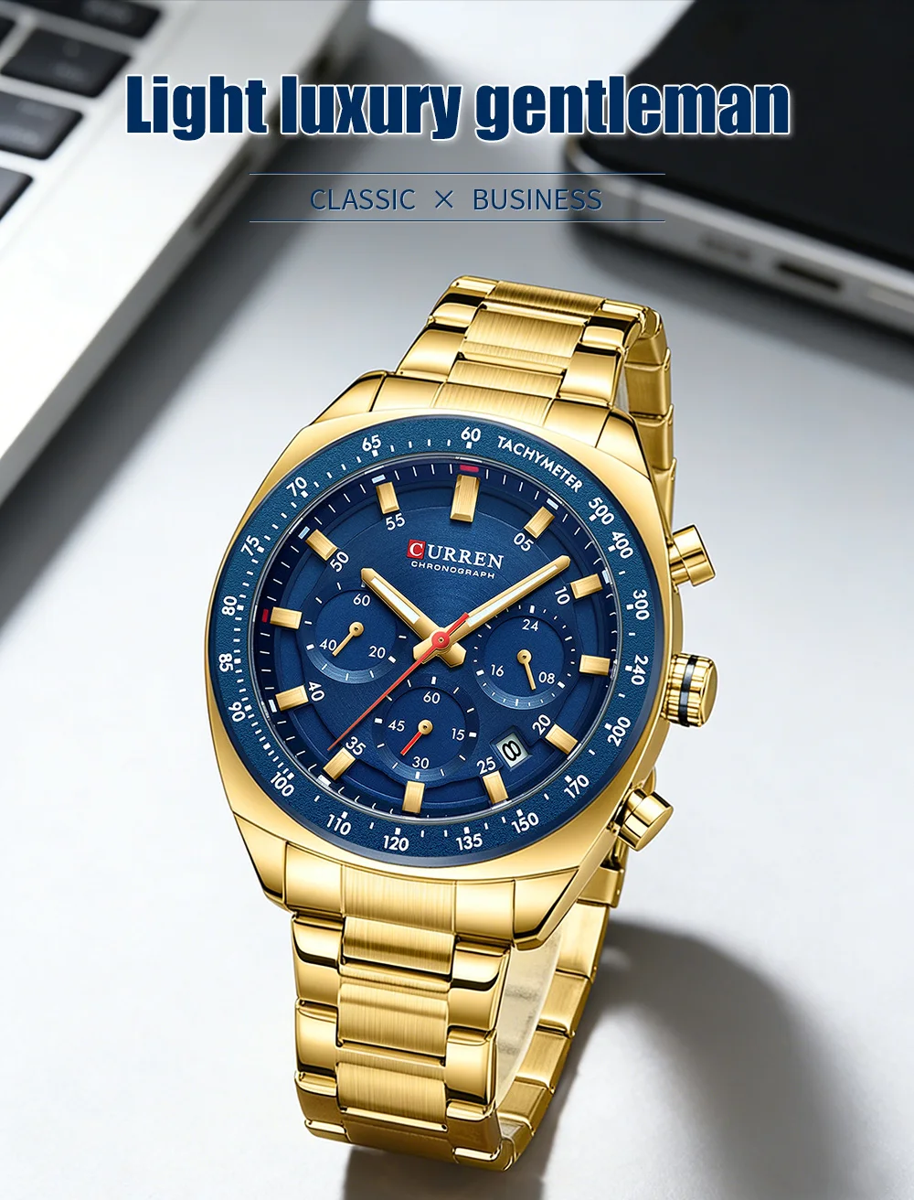 Luxuriöse CURREN Marken-Herren-Chronographenuhr mit Edelstahlarmband, Leuchtzeigern, Datumsanzeige, Wasserdicht, Quarz-Uhrwerk, Relógio – Detail 2