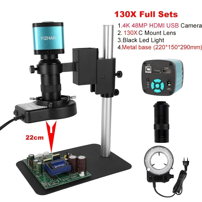 Microscopio de Video 4K de 48MP, cámara de microscopio Industrial con HDMI, USB, Zoom C 1-130X/150X/180X, lente para reparación