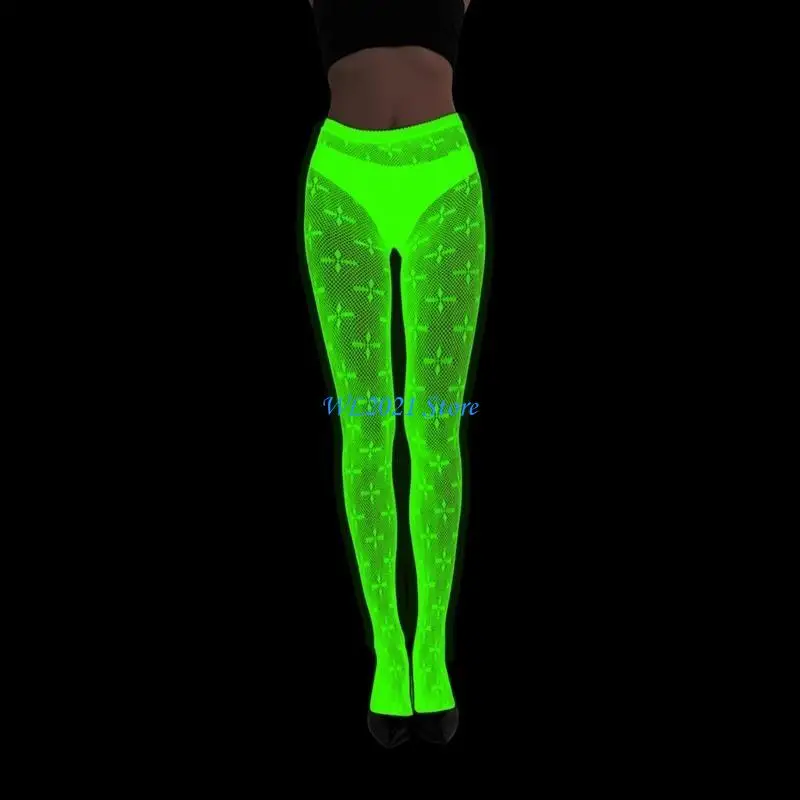 

G5GC Women Glow Tights Hosiery Luminously Spiderweb Skull Pattern Mesh Stockings Pantyhose for Halloween