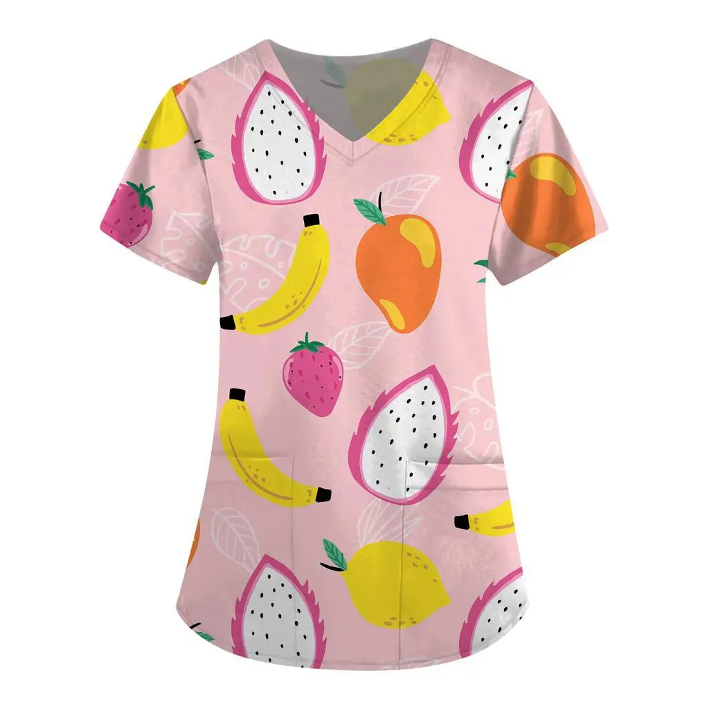 2025 ยุโรปและอเมริกาผู้หญิงขัดผลไม้รูปแบบ 3Dการพิมพ์Vคอสั้นแขนเสื้อPatch Pocket Topsชุดผ่าตัดผู้หญิง