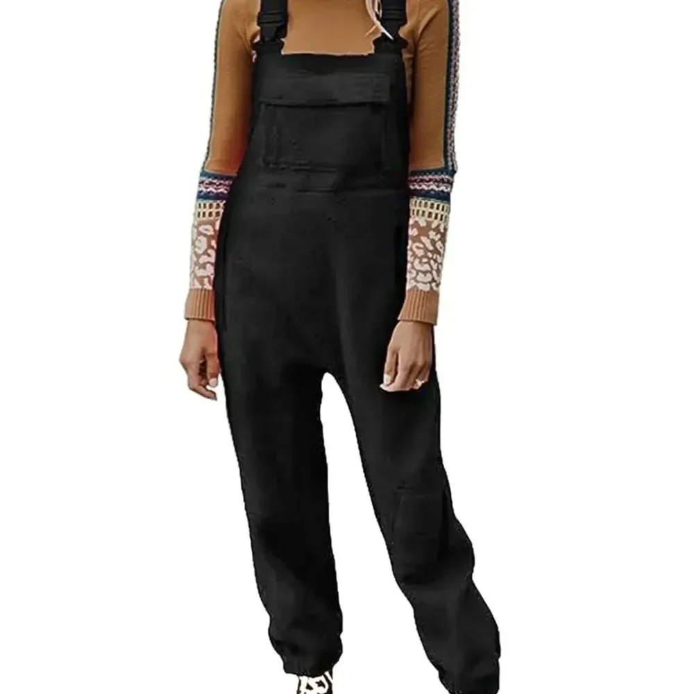 Overalls Women Suspenders Long Pants Lamb Wool Casual Loose Trousers Regular Pocket Straight Pant Solid Splice Capris 2024