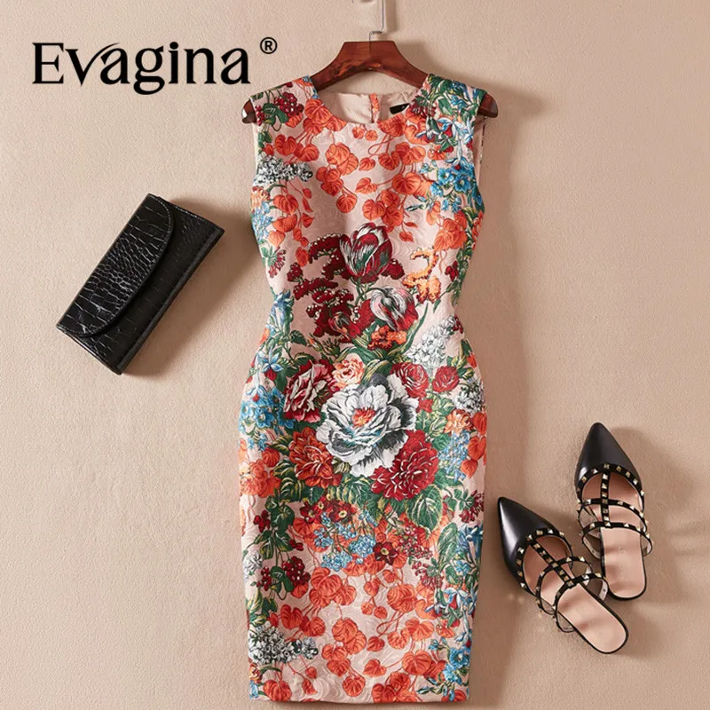 

Evagina Fashion Design Spring Summer Women's Jacquard Sleeveless Flower Printing High Street Pretty Slim-Fit Hip Wrap Dresses