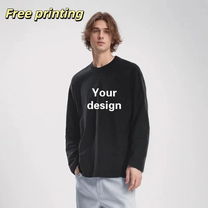 220G Men's Round Neck Long Sleeved T-shirt Combed Pure Cotton Solid Color Base Shirt Free Printed LOGO Loose Casual Basic white