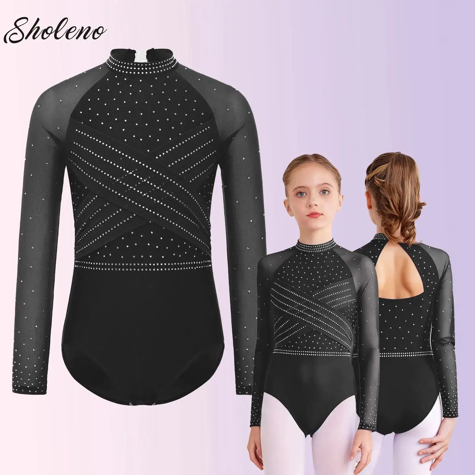 

Girls Kids Gymnastics Leotard Artistic Figure Skating Ballet Jersey Dance Costume Sparkling Rhinestones Sheer Mesh Bodysuit