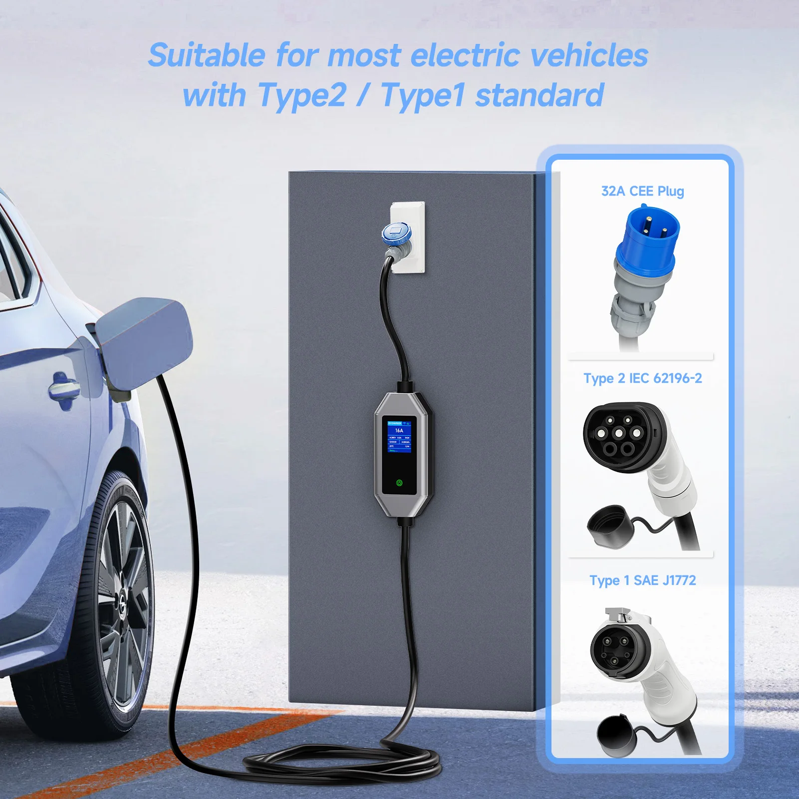 AFEEV 7KW 32A 1Phase Portable EV Charger with WiFi APP Control Type2/Type1 Electric Car Charger Wallbox EVSE Fast Charging Cable