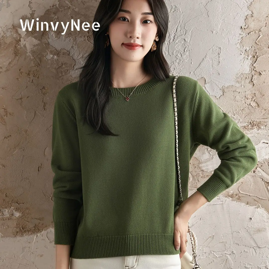 

WinvyNee Women's 100% Cotton 7-Pin Crew Neck Solid Color Embellished Thickened Warm Soft Long Sleeve Casual Pullover A1092030