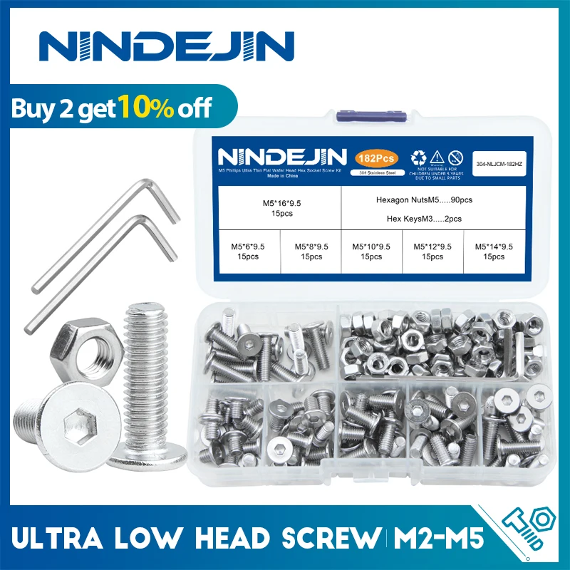 NINDEJIN Ultra Low Profile Head Screw Set M2 M2.5 M3 M4 M5 Stainless Steel Hex Socket Flat Thin Wafer Head Screws With Nuts Kit