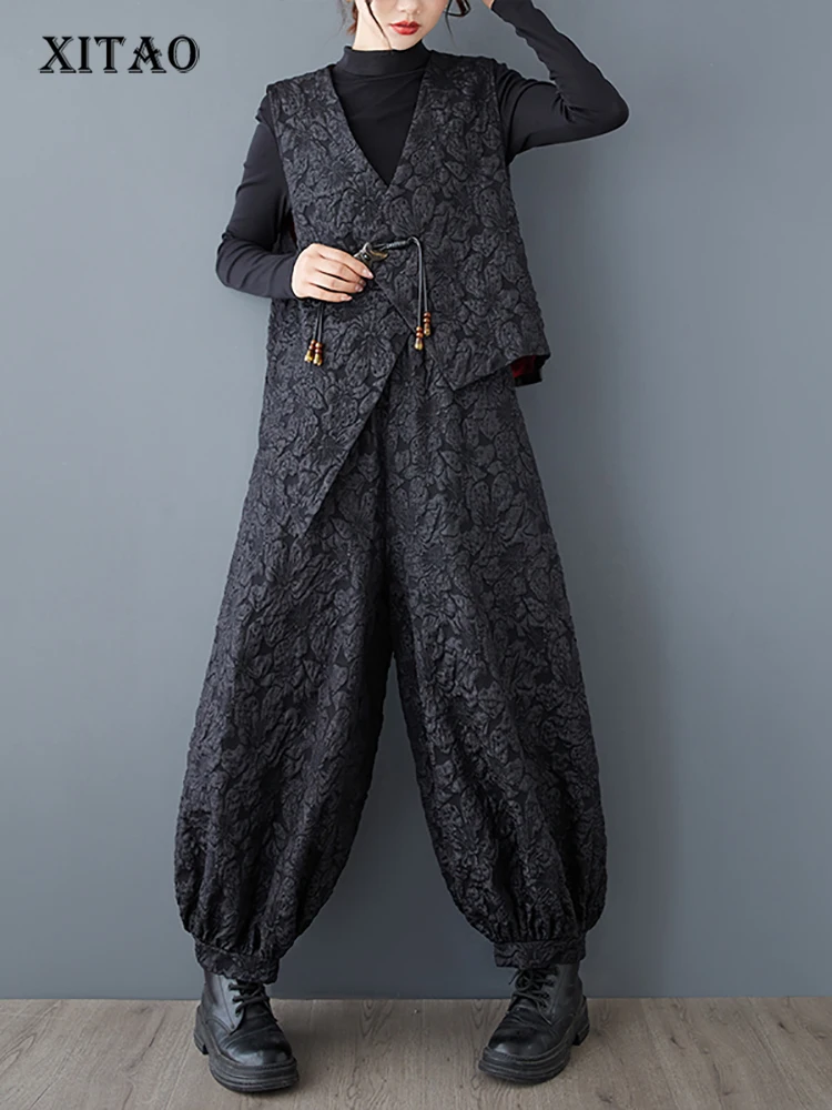 

XITAO Single Button Jacquard Irregular Pant Set Vintage Casual Loose Fitting Sleeveless V-neck Autumn Women Pant Set GMM1156