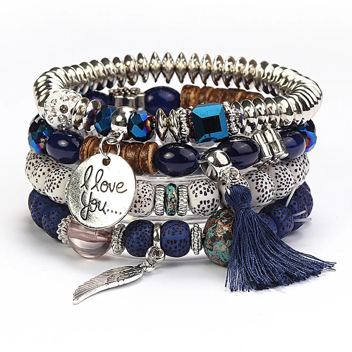 Women Bohemian Stackable Beaded Bracelet Set 4Pcs Multilayer Wing Tassel Charm Elastic Stretch Bracelets Vintage Ethnic Jewelry