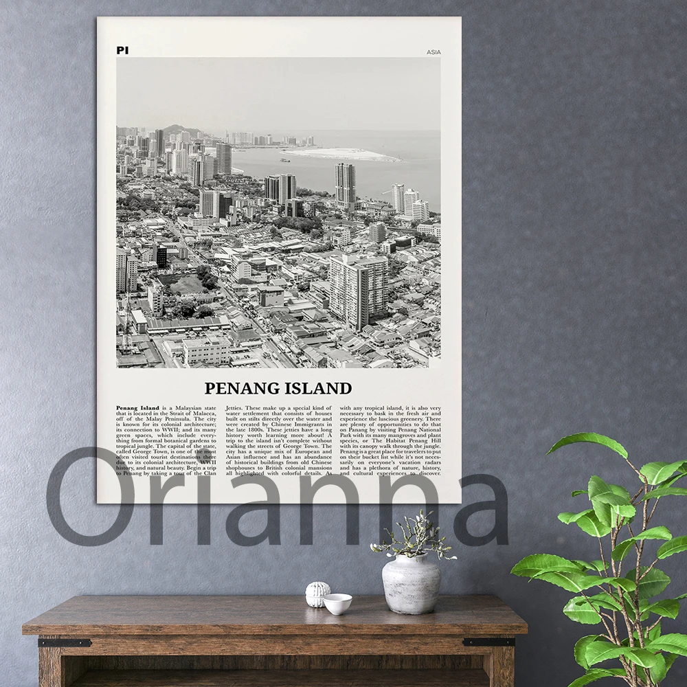 

Penang Island Prints Canvas Painting Black and White, Penang Island Wall Art Poster,Retro Photo Malaysia Home Decoration Cuadros