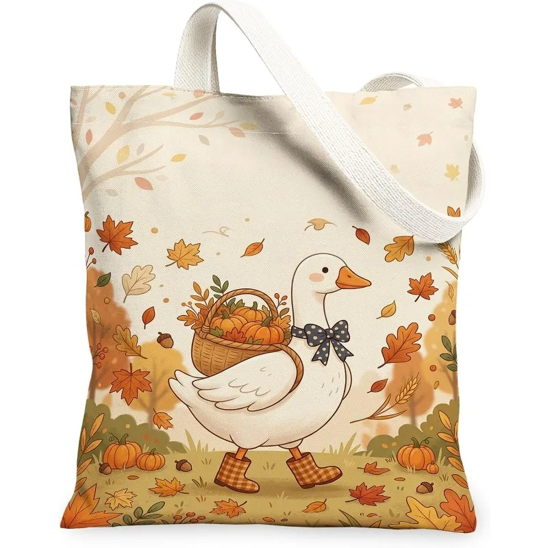 Cute Goose Autumn Pumpkin Leaf Print Canvas Tote Bag Fall Harvest Cartoon Animal Reusable Shoulder Shopping Handbag