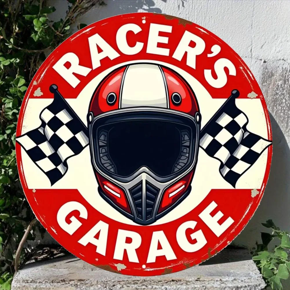 Vintage Racer Garage Metal Sign -Racing Flag & Helmet Design with Pistons & Checkered Flag | Distressed Edge Wall Art Decor