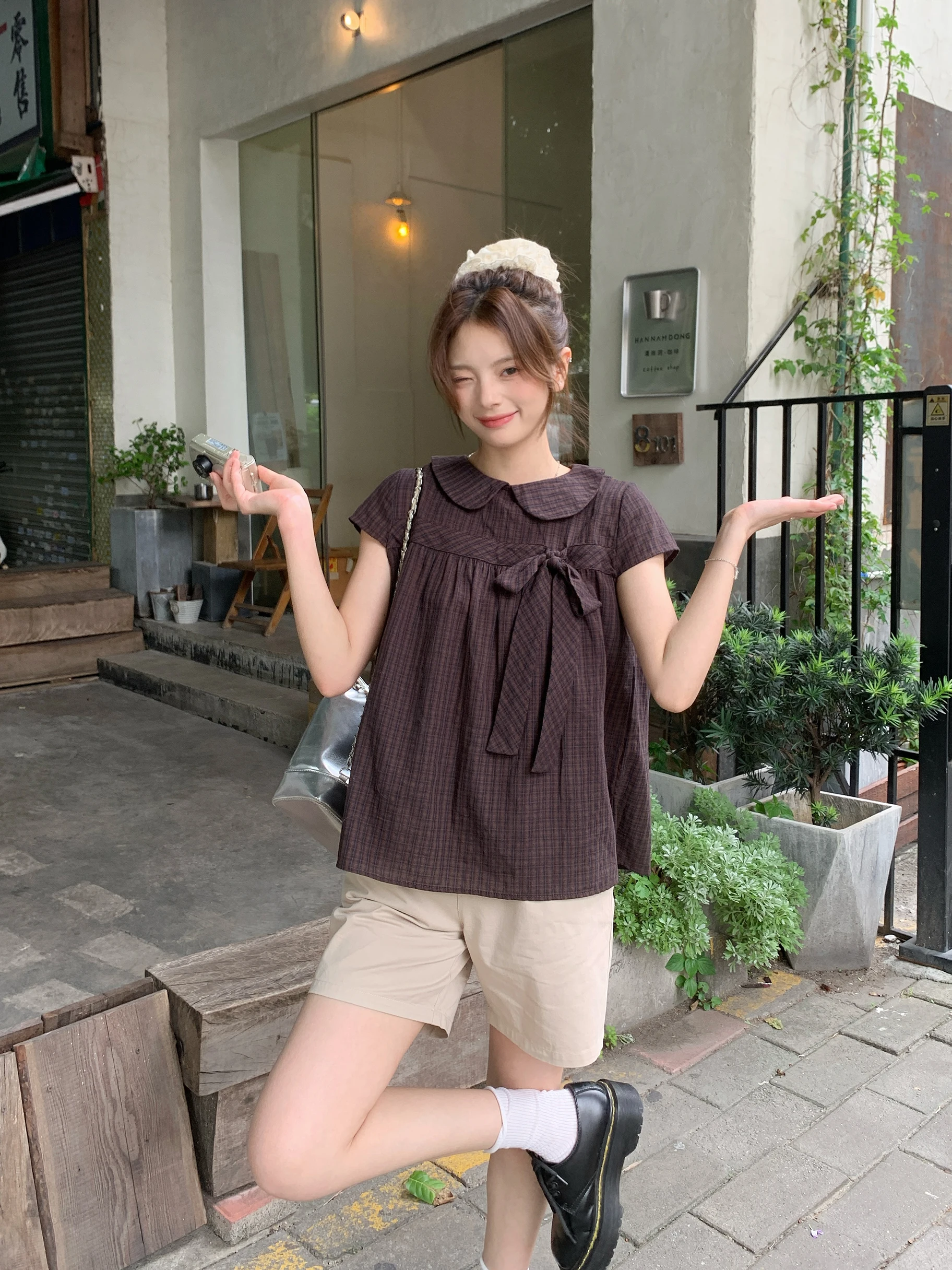 คอตตอนสวีท โนตตุ๊กตาคอปกลายสก๊อตหรือเสื้อทรงสลิมมิ่งย้อนยุคอเนกประสงค์สำหรับหญิงสาวในฤดูร้อน