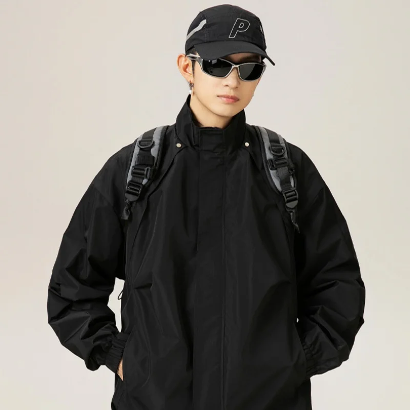 

Waterproof Standing Collar Loose Leaf Design Workwear Jacket Men Pleated Outdoor Punch Jacket Outdoor Sports