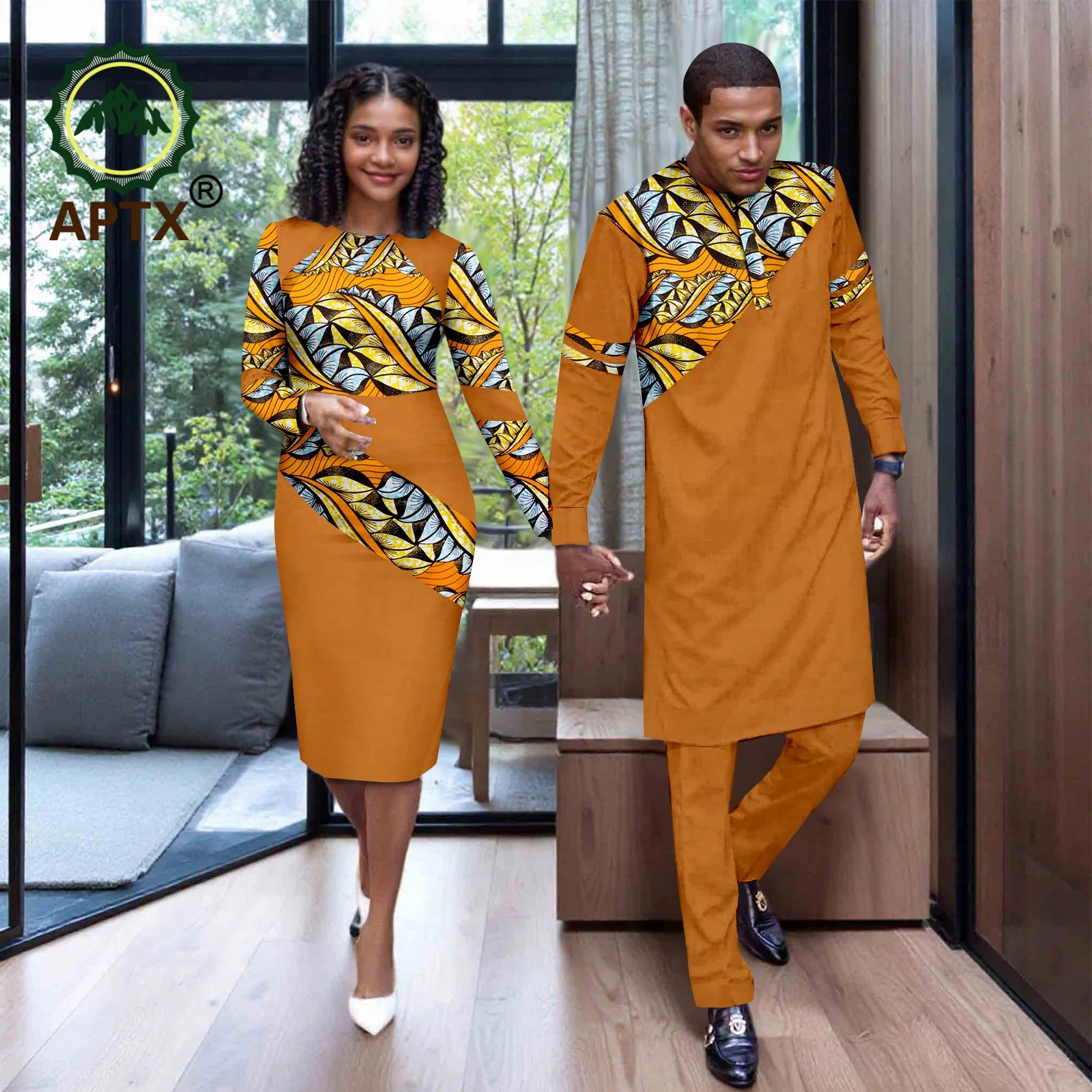 

African Couple Suits Men's Agbada Women's Dress Set Muslim Gilded Lace Matching Robe for Wedding Evening Daily Wear 25C092