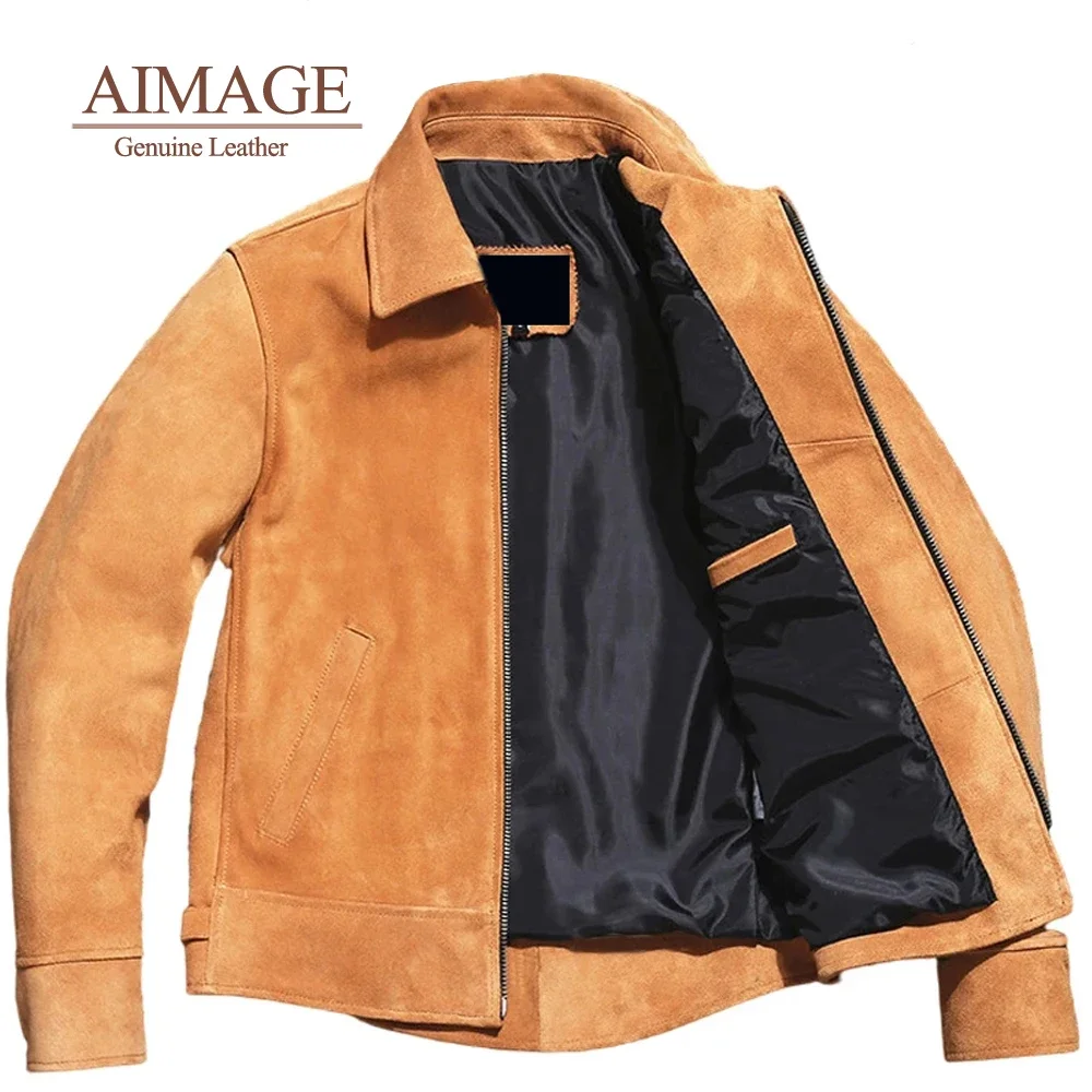 AIMAGE-Veste Pilote Vintage Marron en Cuir de Vache group, Manteau en Daim PY139