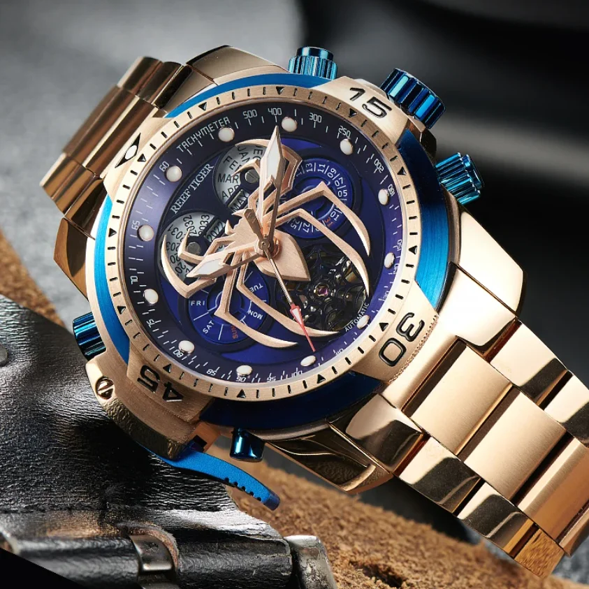 Reef Tiger Men Automatic Watch 46mm Mechanical Wrsitwatch 100M Waterproof Luminous Sapphire Perpetual Calendar Year Month Week