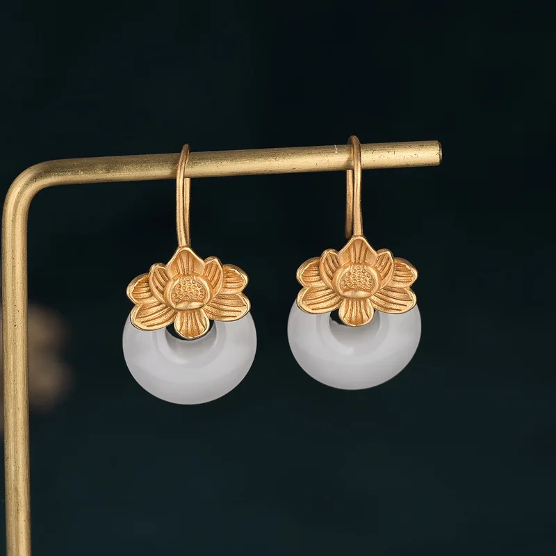 

New China Style Ear Jewelry Copper Gold-Plated Lotus Imitation Hetian Jade Earrings National Tide Drop Earrings for Women Gift