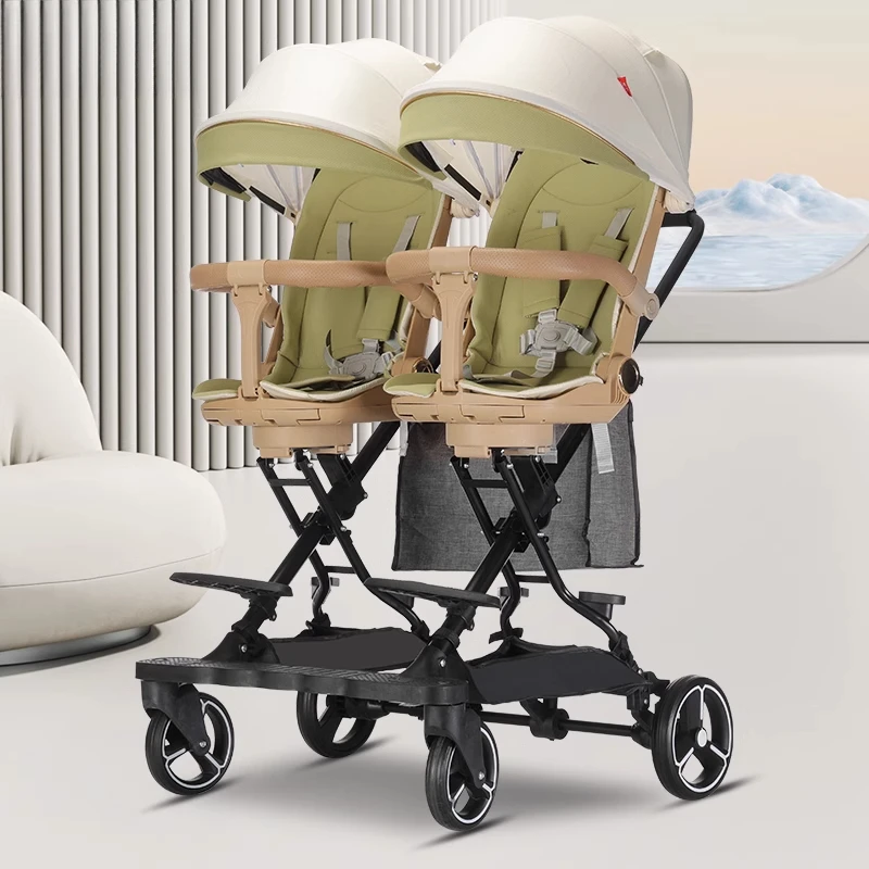 

Reversible Twin Stroller‌ Carbon Steel 4WD Frame with UV Canopy One-Hand Fold Baby Carriage ‌for Twins Extra Storage Basket