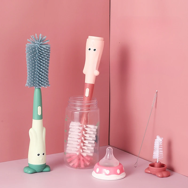 New Three In One Silicone Milk Bottle Brush Baby Nipple Straw Brush Rotating Washing Bottle Cleaning Brush Set Cleaning Products