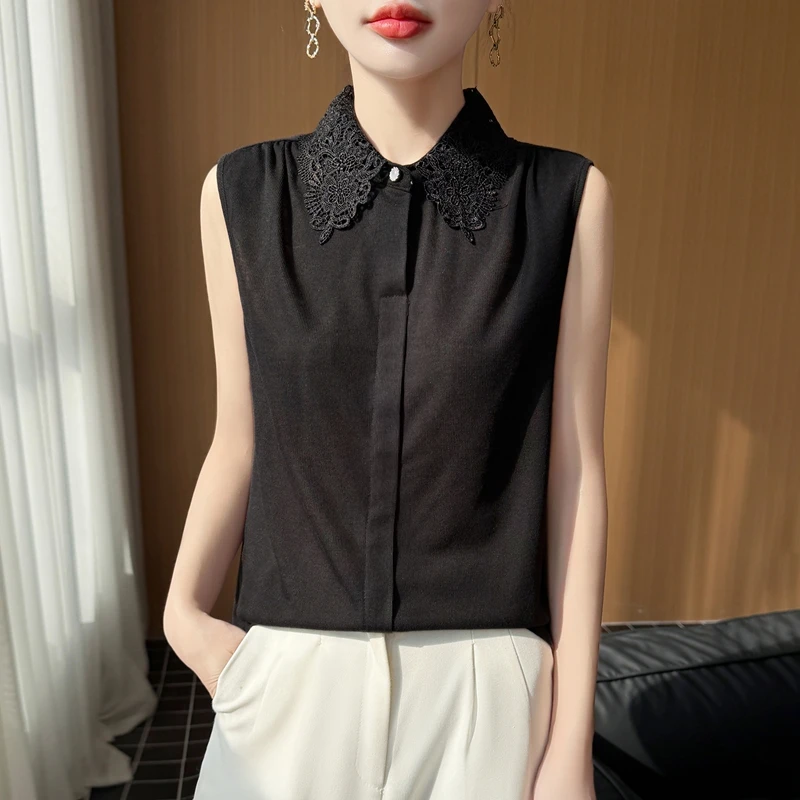 

2026 Spring/Summer New Lace Turn-Down Collar Acetate Ice Silk Satin Sleeveless Shirt Versatile Stylish Slimming Top Vest Women