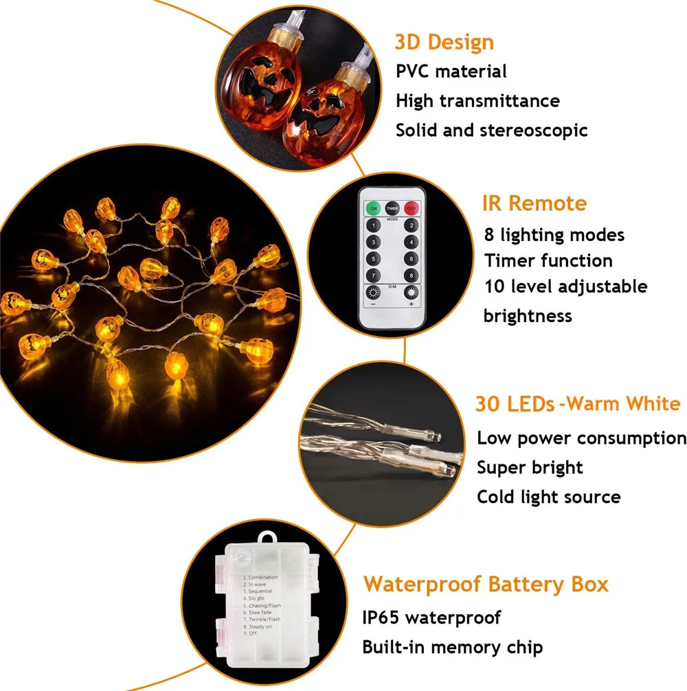 Halloween abóbora luzes da corda bateria operado 3m 6m laranja abóbora fada luz com controle remoto dia das bruxas decoração festa de ação de graças