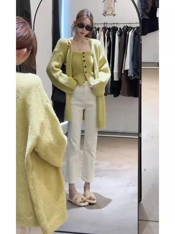 

Korean Style Lazy Fashion High-End Knitted Cardigan Coat Inner Wear Two-Piece Set Spring New Arrival Women's Loose Fit Long S...