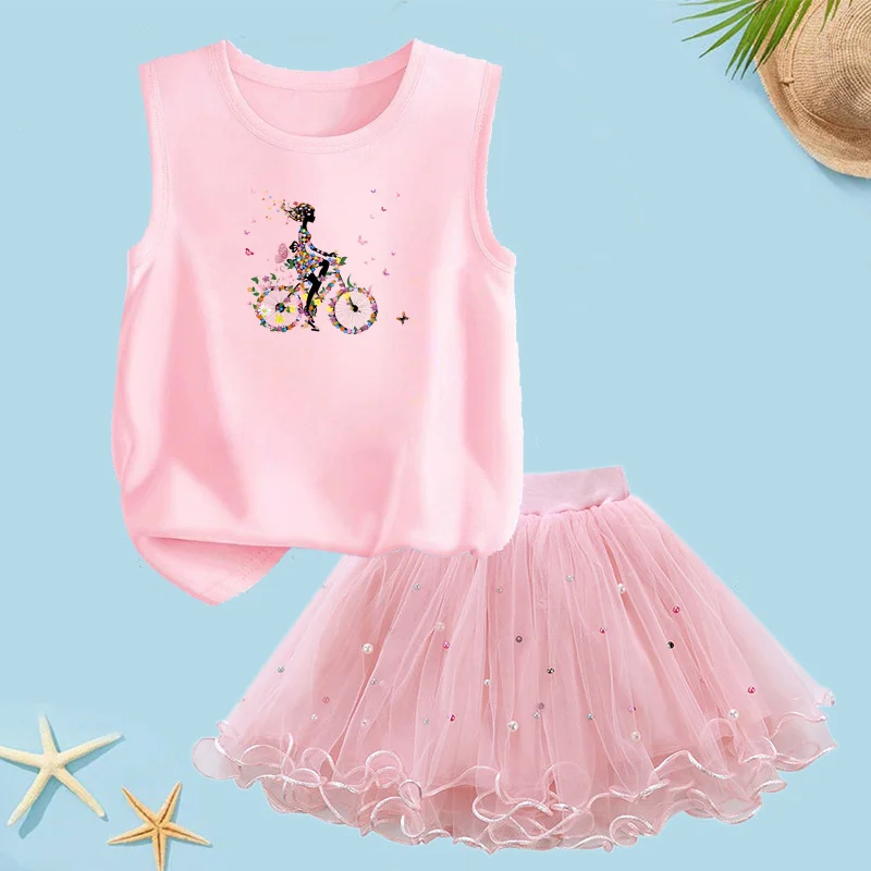Summer Butterfly Bike Vest Sets for Girls Sleeveless T-Shirt Princess Tutu Skirt Casual Breathable Clothing Outfit