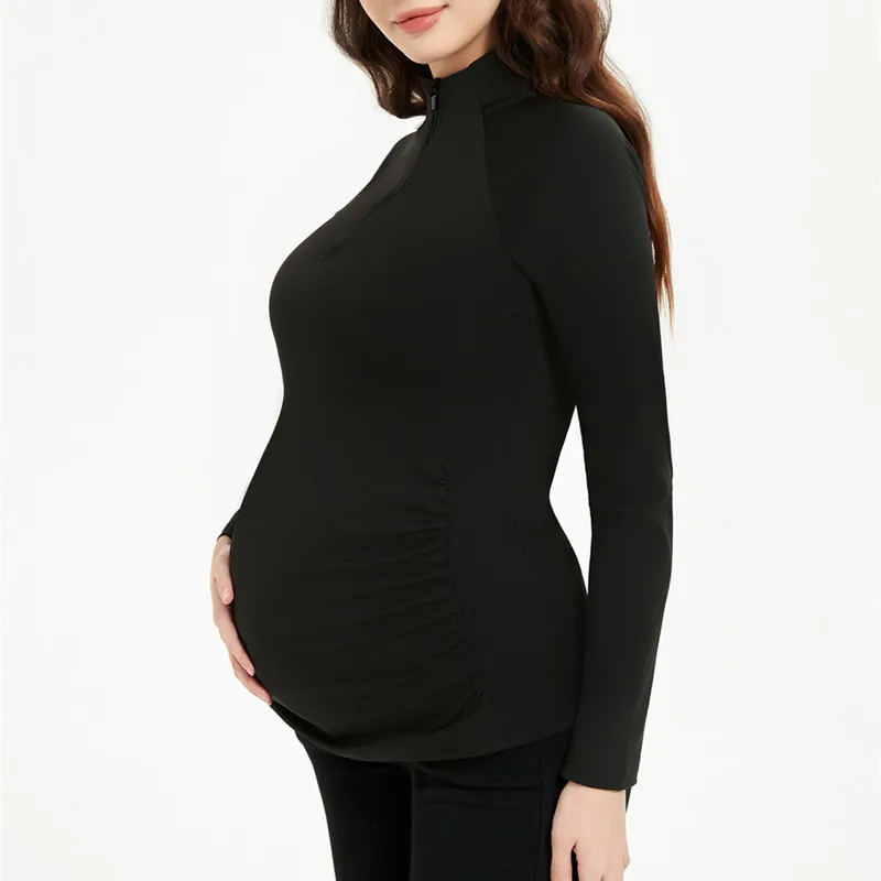 Maternity Stand Collar Zipper Yoga Sweatshirt Stretchy Sports Top For Spring Winter